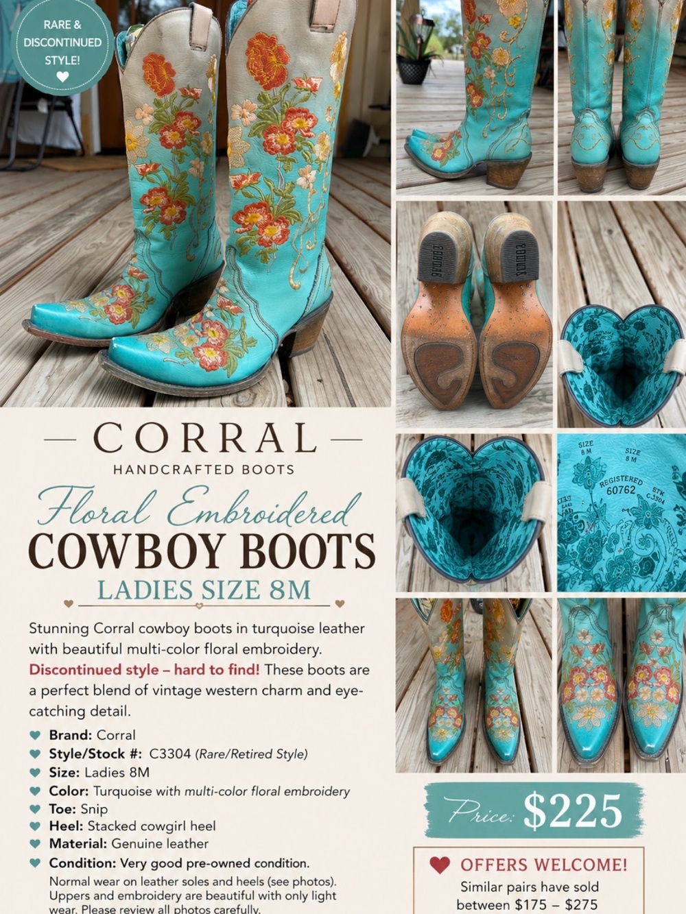 Corral Turquoise Leather Floral Embroidered Cowboy Boots